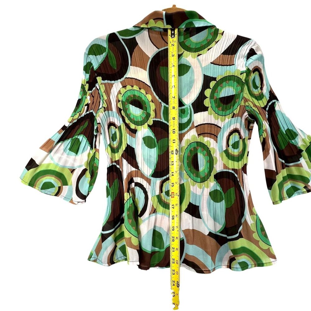 Allison Taylor Blouse Boho Hippie Green Abstract 3/4 Bell Sleeve Pleated Med Top - Picture 12 of 12